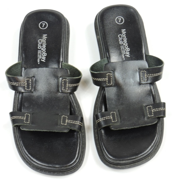 MONTEGO BAY CLUB Black Leather Brazil Sandals - Picture 1 of 8